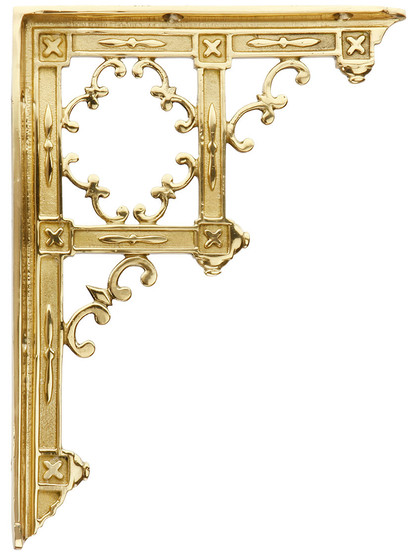 Victorian Gothic Cast Brass Shelf Bracket - 9 1/4 x 6 3/4 inch In Polished Brass